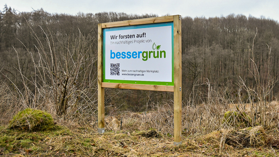 Das bessergrün-Projektschild steht inmitten der noch sehr kahlen Waldfläche.