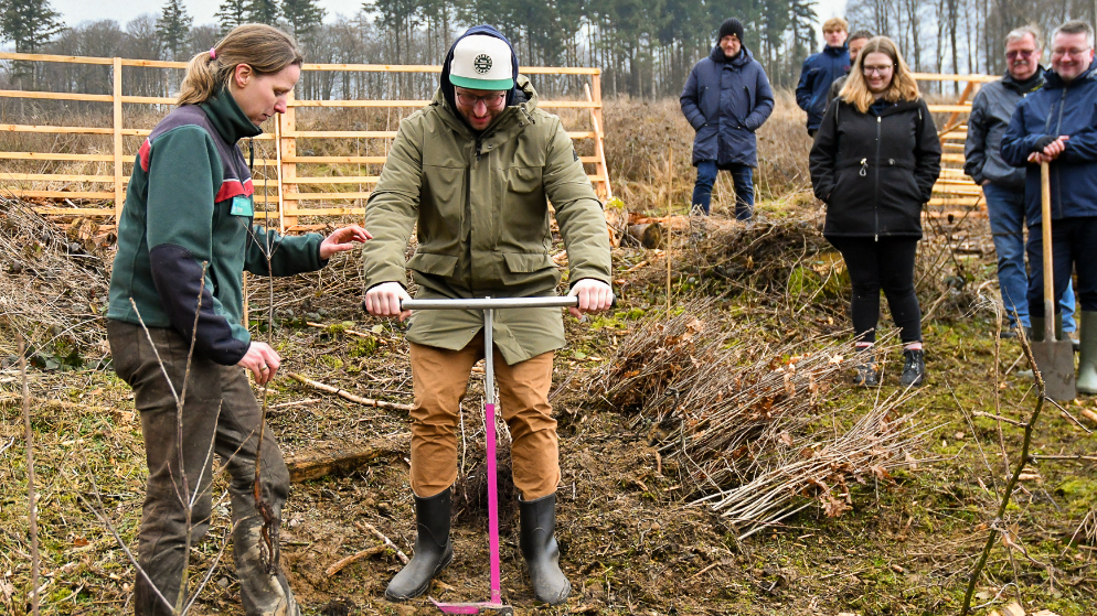 Teilnehmer packen tatkräftig beim Baumpflanzen mit an.